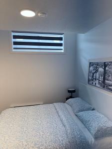 a bedroom with a bed and a window at A very cozy 2-bedroom apartment in Calgary