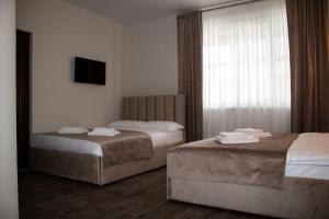 a hotel room with two beds and a television at Luna in Solotvyno +33 photos