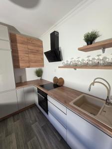 a kitchen with wooden counters and a sink at Ferienhaus Löwe in Niedenstein
