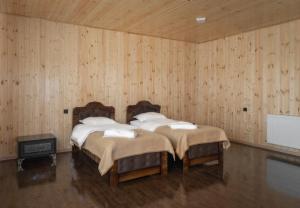 two beds in a room with wooden walls at Green House -მწვანე სახლი in Tsalka