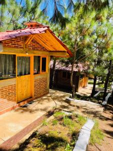 a small house with a porch and a tree at Cabañas Recor in Tepoxcuautla