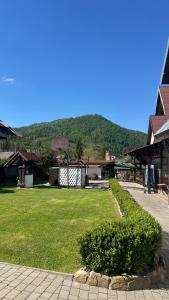 a green yard with a building and a mountain at АНАСОЛЬ з чаном - джакузі басейн з підігрівом in Slavske