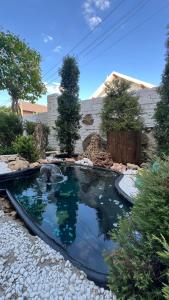 a small pool of water in a garden at АНАСОЛЬ з чаном - джакузі басейн з підігрівом in Slavske