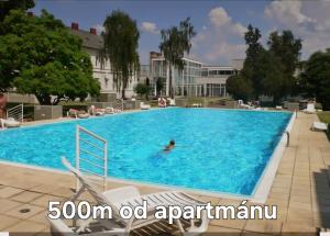 a person swimming in a large swimming pool at 365 apartmány AUPARK in Piešťany +15 photos