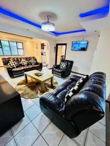 a living room with a leather couch and a table at Emangwaneni Guest House in Kloof
