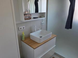ein Badezimmer mit einem weißen Waschbecken und einem Spiegel in der Unterkunft Studio Seeperle in Owingen + 21 Fotos