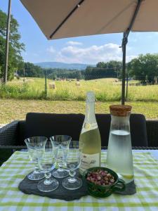 a table with a bottle of wine and wine glasses at Ubytování Jitřenka in Černá Voda