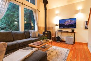 a living room with a couch and a tv at Heliotrope Haus in Glacier