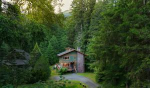 a small house in the middle of a forest at Silver Peak Lodge in Glacier +58 photos