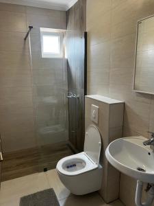 a bathroom with a shower and a toilet and a sink at Apartmani Nika in Neum