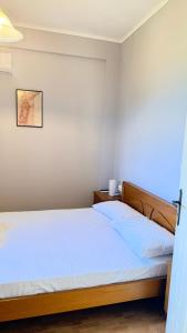 a bedroom with a large bed with blue sheets at Savvas Apartments in Plytra