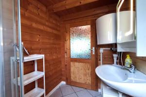 a bathroom with a sink and a wooden wall at Ferienwohnung Reimann in Loddin
