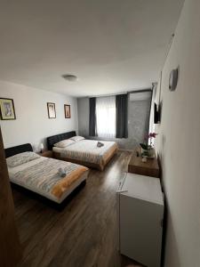 a room with two beds and a table in it at Apartmani Nika in Neum