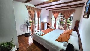 a bedroom with a bed and a fan and windows at Suymar Ecolodge Galapagos in Puerto Ayora +56 photos