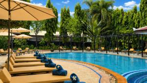a pool at a hotel with chairs and umbrellas at The Heritage Courtyard in Siem Reap