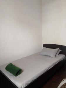 a bed with a green pillow on top of it at Floreen villa in Moratuwa