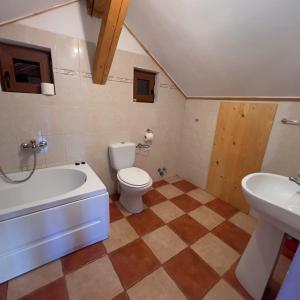 a bathroom with a tub and a toilet and a sink at Pensiunea Cambiano in Beliş