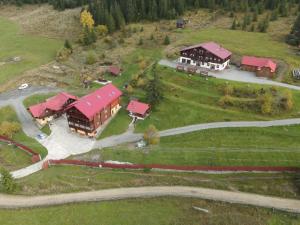 an aerial view of a large house with red roofs at Pensiunea Cambiano in Beliş