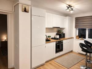 una cocina con armarios blancos y un refrigerador en Apartament Theodora, en Curtea de Argeş