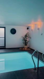 a swimming pool with a palm tree in a room at B&B El Bayo in Ravels