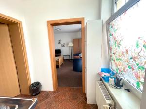 a kitchen with a window and a sink in a room at Twin Studio in Boizenburg