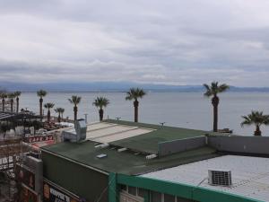 a large body of water with palm trees and a building at Özsoy Otel in Akçay