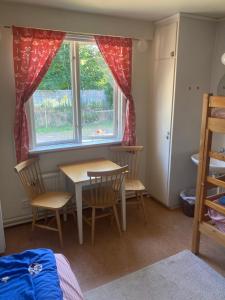 a room with a table and chairs and a window at STF Vandrarhem Backåkra in Löderup