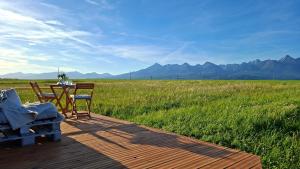 a table and chairs on a deck with a view of a field at TinyHouse pod Tatrami in Nižná Šuňava +34 photos
