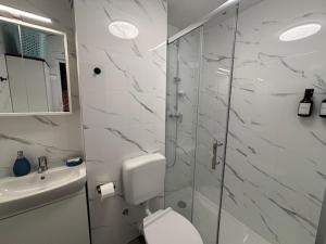 a bathroom with a shower and a toilet and a sink at SeaFun Apartment Gajac in Gajac +20 photos
