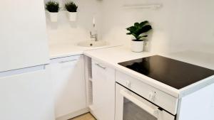 a white kitchen with a sink and a counter at Boarder City Center Apartment, Võidu tn 5, Apt 16, 4th Floor, Narva in Narva
