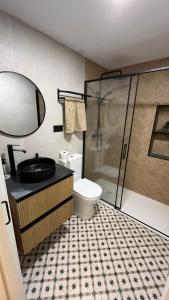 a bathroom with a toilet and a sink and a shower at Casa Olga in Lanestosa