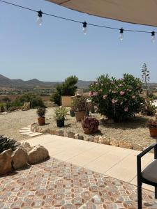 eine Terrasse mit Topfpflanzen und ein Steinweg in der Unterkunft Finca Parella in Huércal-Overa