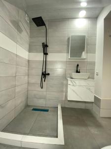 a bathroom with a shower and a sink at Green Home on Mtatsminda in Tbilisi City