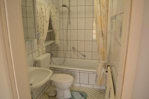 a bathroom with a toilet and a tub and a sink at Zum Zingelforst in Neudorf