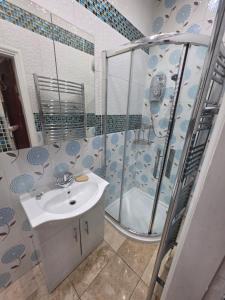 a bathroom with a shower and a sink and a toilet at Spacious Double Room In Central Stoke in Stoke on Trent