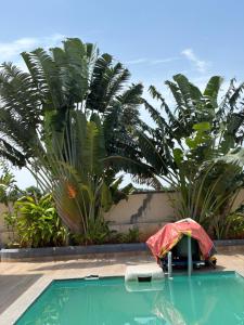 a swimming pool with an umbrella and palm trees at Villa Ecotiva Mahabalipuram in Chennai