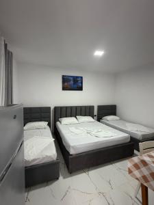 a room with two beds and a painting on the wall at Stone House in Vlorë