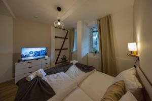 a living room with a couch and a flat screen tv at HYGGE HOMES - Apartment 'gamleby' in Lüneburg