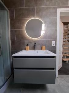 a bathroom with a sink and a mirror at GR ooms Rents in Gemmrigheim +52 photos