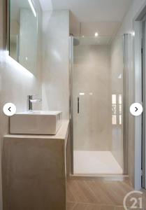 a white bathroom with a sink and a shower at Cocon Voltaire - Arles centre historique in Arles