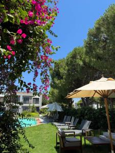 a group of chairs and an umbrella next to a pool at Malta Bodrum in Bodrum City