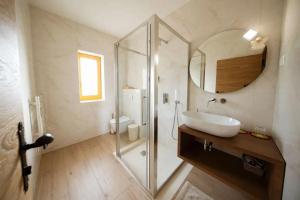 a bathroom with a sink and a shower with a mirror at Hiša Tam Čez in Slovenj Gradec