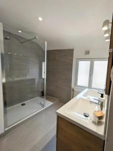 a bathroom with a shower and a sink and a tub at Maison hyper centre Jacuzzi in Amboise