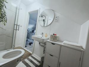 a bathroom with a sink and a toilet and a mirror at Unterkunft in Eggenfelden in Eggenfelden