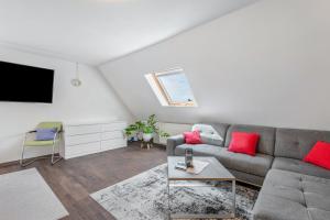 a living room with a gray couch and red pillows at Geräumiges Haus mit Garten Terasse in Nuremberg