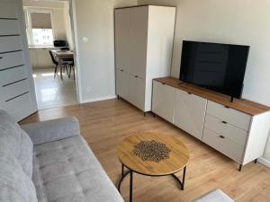 a living room with a couch and a tv at Rubinkowo Rooms Self Check-in 24h in Toruń +2 photos