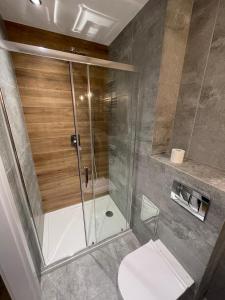a bathroom with a shower and a toilet at Nad Jeziorem dla przyjaciół Apartament in Serock