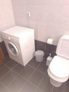 a bathroom with a washing machine and a toilet at Gialova Relax in Korifásion +24 photos