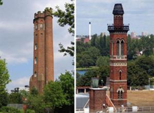 two pictures of a tall brick tower in a field at Budget Central Birmingham in Birmingham