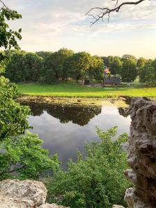 a view of a pond with a farm in the background at Jumpravmuižas pirtiņa ar kublu in Mežotne